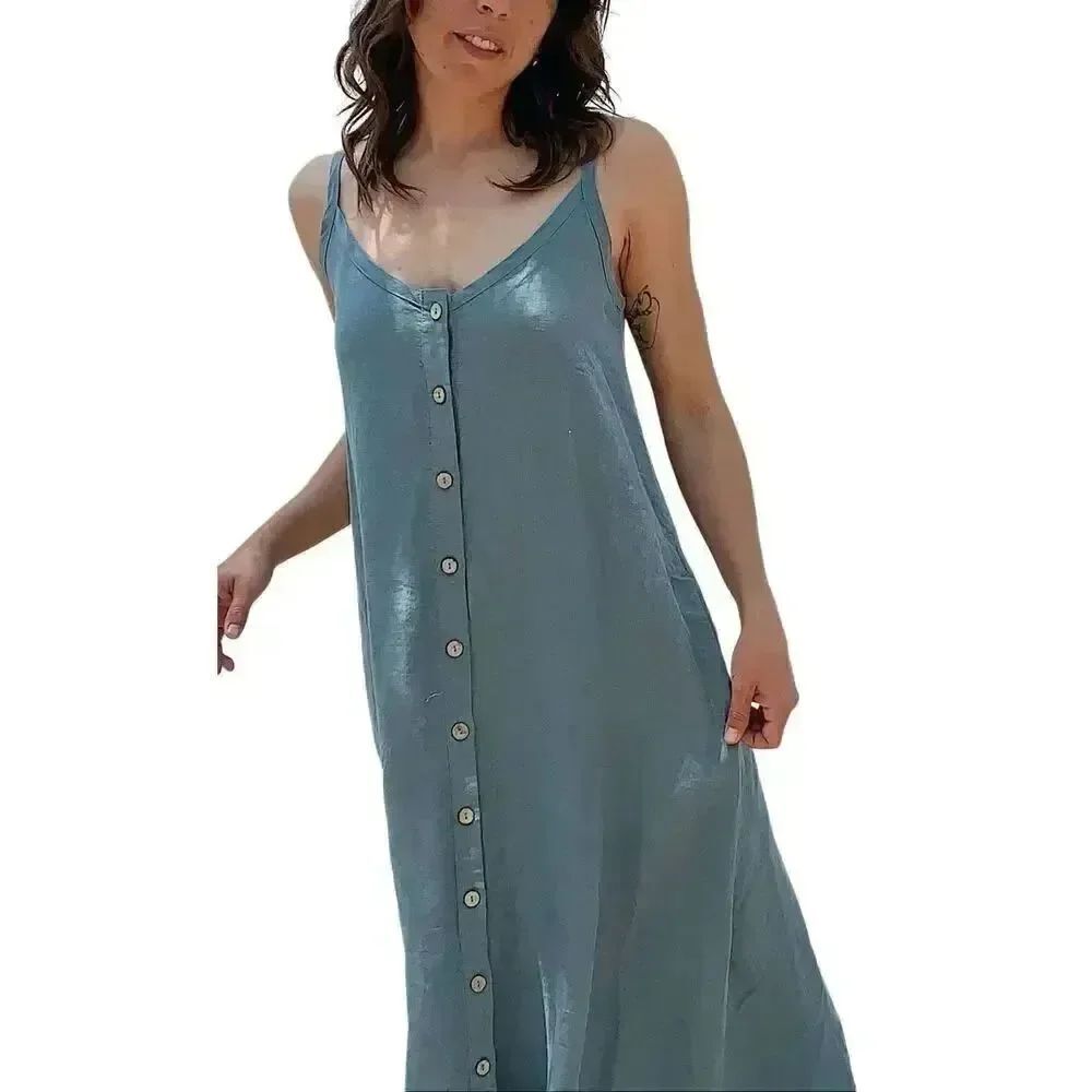 Yuvita Linen Button-Front Midi Dress, Size XS